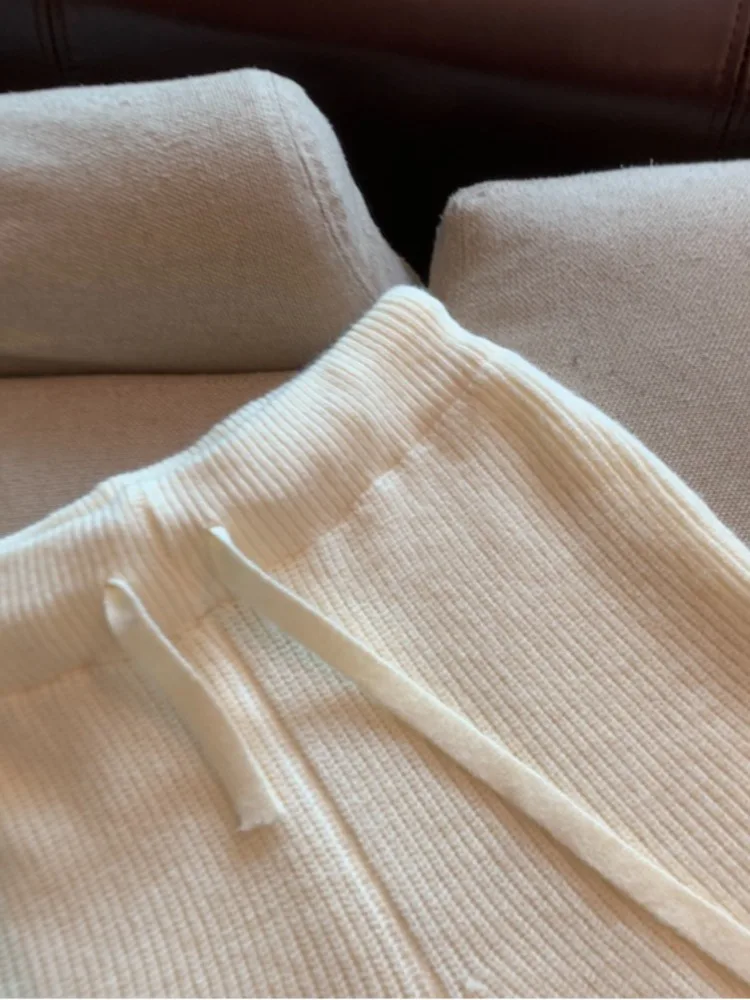 Retro ey Woolen Knitted orts Women's Autumn Winter Outerwear A-Line Wide Leg Pants Lazy High Waist Casual Boot Pants