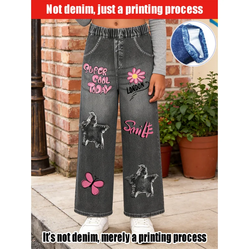 2026Children's Doodles+Five-pointed Star Imitation Jeans Children's Casual Fashionable Long Pants