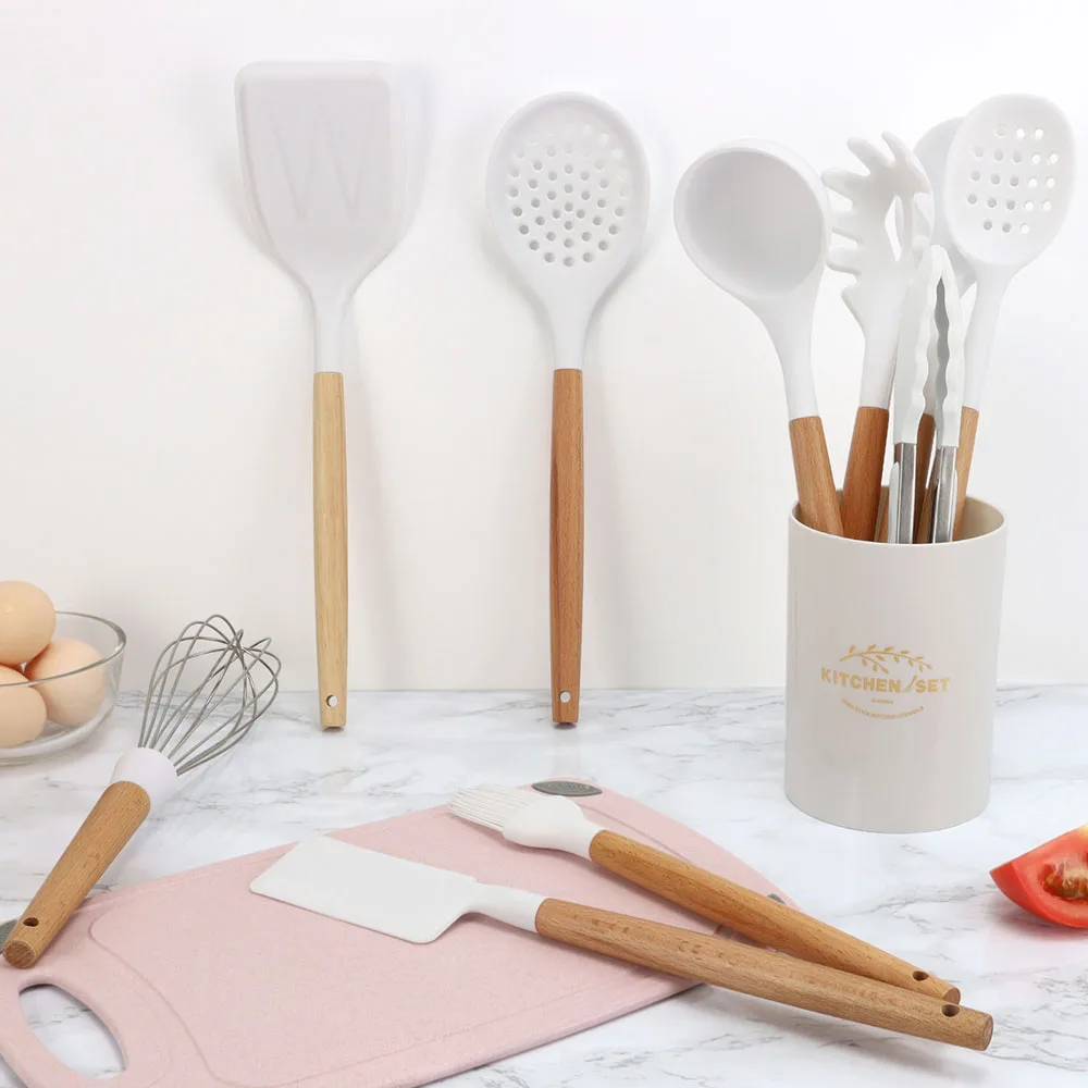 Cooking Kitchenware Tool White Silicone Utensils Set Non-Stick Cookware Spatula Ladle Egg Beaters Shovel Kitchen Accessories