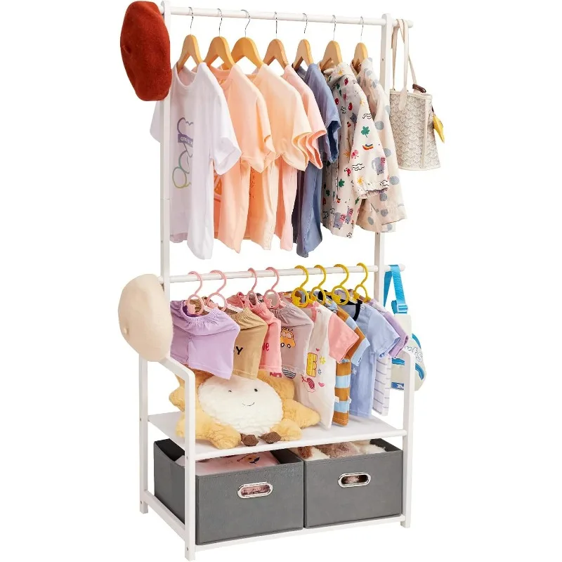 

Kids Clothing Rack with 2 Storage Baskets and 2 Adjustable Hanging Rods,Child Garment Rack