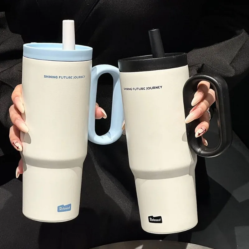 720ML Stainless Steel Thermos Cup with Straw & Handle Ice Coffee Drink Vacuum Insulated Cup Car Travel Outdoor Water Bottle