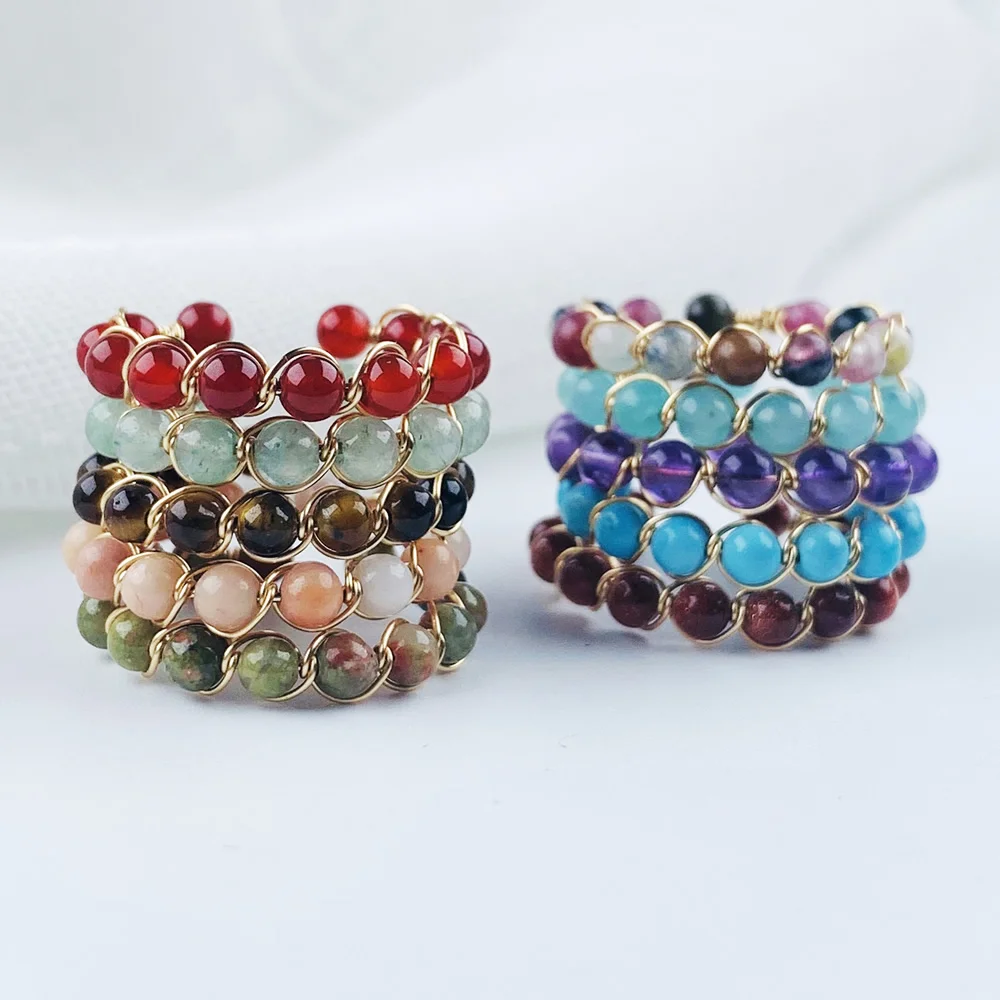 Anillos de piedra Natural de moda, granates, turquesas, turmalina, cuarzo, alambre hecho a mano envuelto, pequeñas cuentas redondas, anillos de cristal con puño abierto