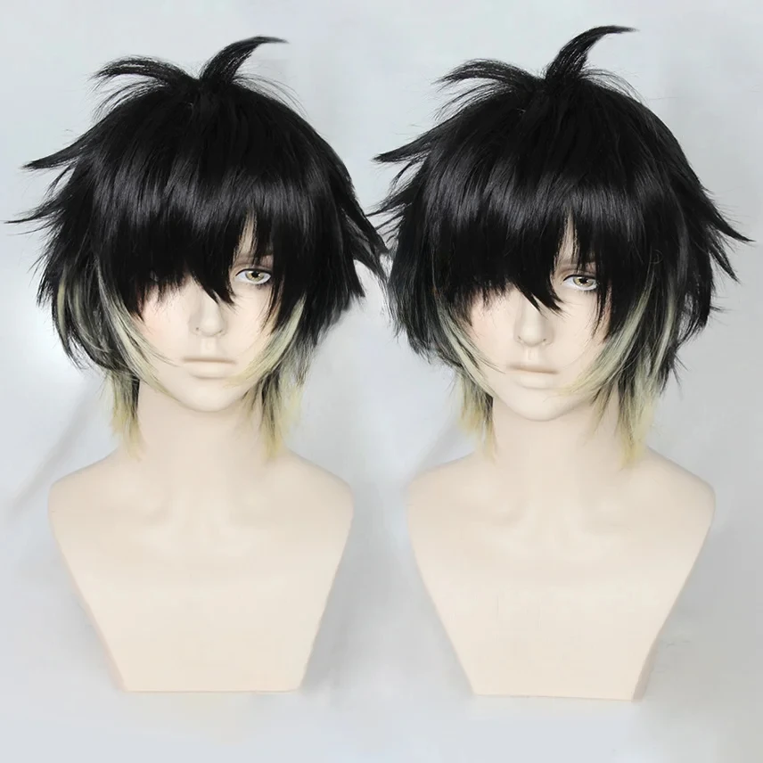 أنيمي تووا شعر مستعار تأثيري الكبار للجنسين قصيرة أسود أصفر مقاومة للحرارة الاصطناعية خصلات الشعر المستعار هالوين زي حفلة الملحقات