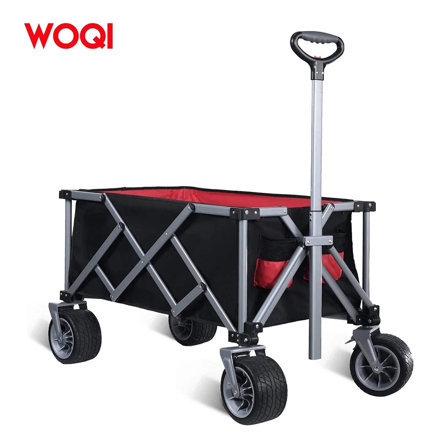 Collapsible Folding Wagon Cart, Portable Wagon Cart , 122L Capacity & 220Lbs Weight Loading Wagon-Black With Red