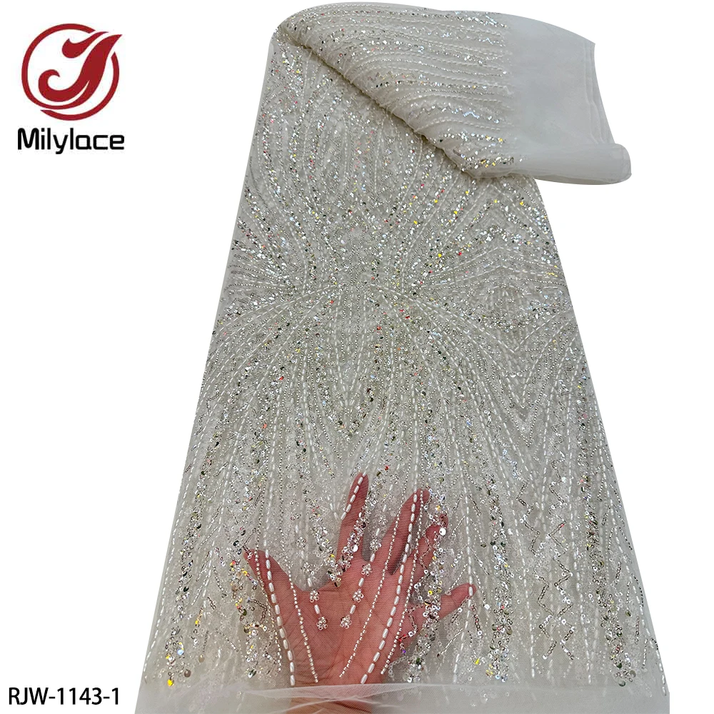 

High Quality Africa Lace Fabric Luxury Hand Beaded Lace Fabric Crystal Sequins Lace Fabric for Bridal Wedding RJW-1143