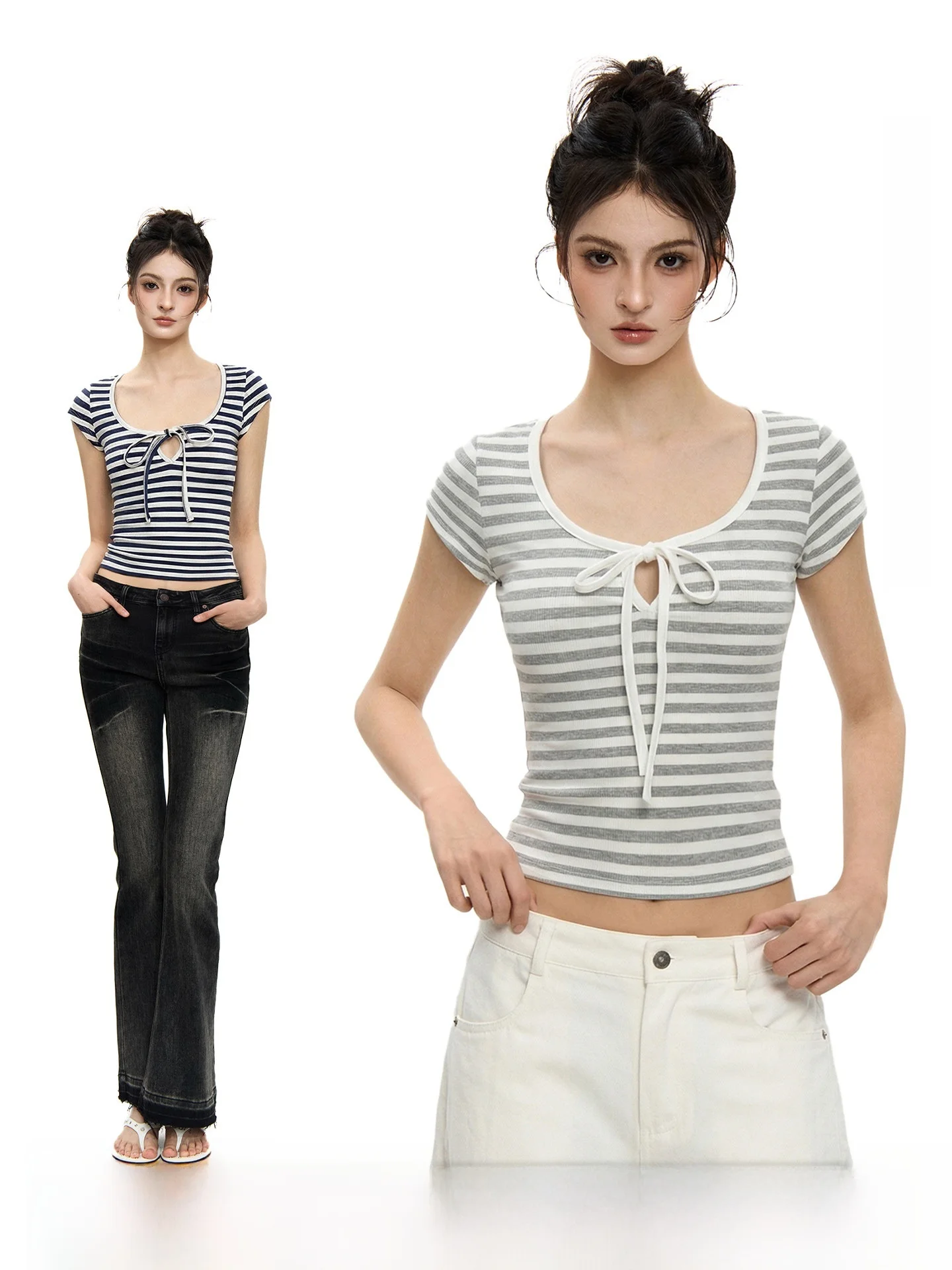 

UNCMHISEX Женская футболка с коротким рукавом Slim Fit, летняя, с U-образным вырезом, в полоску, повседневная, для ношения под одеждой, топ