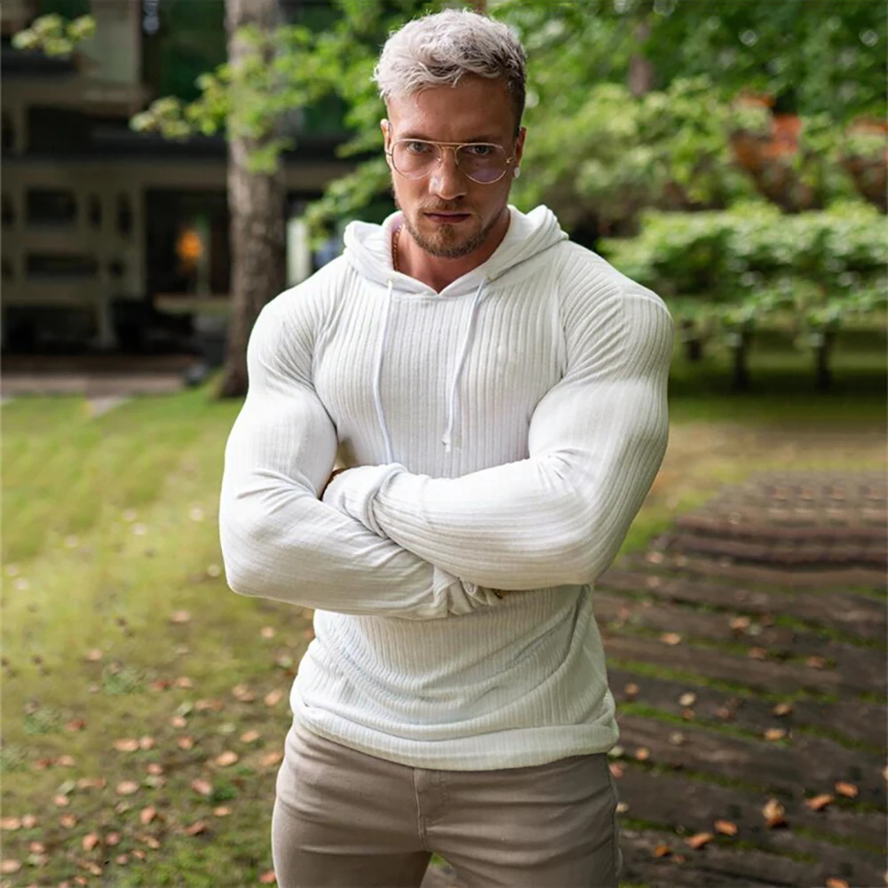Men's Knitted Hooded Long Sleeve Running T-shirts Autumn Slim Fit Hoodies Stripes Casual Gym Fitness Pullover Sports Tees Shirts