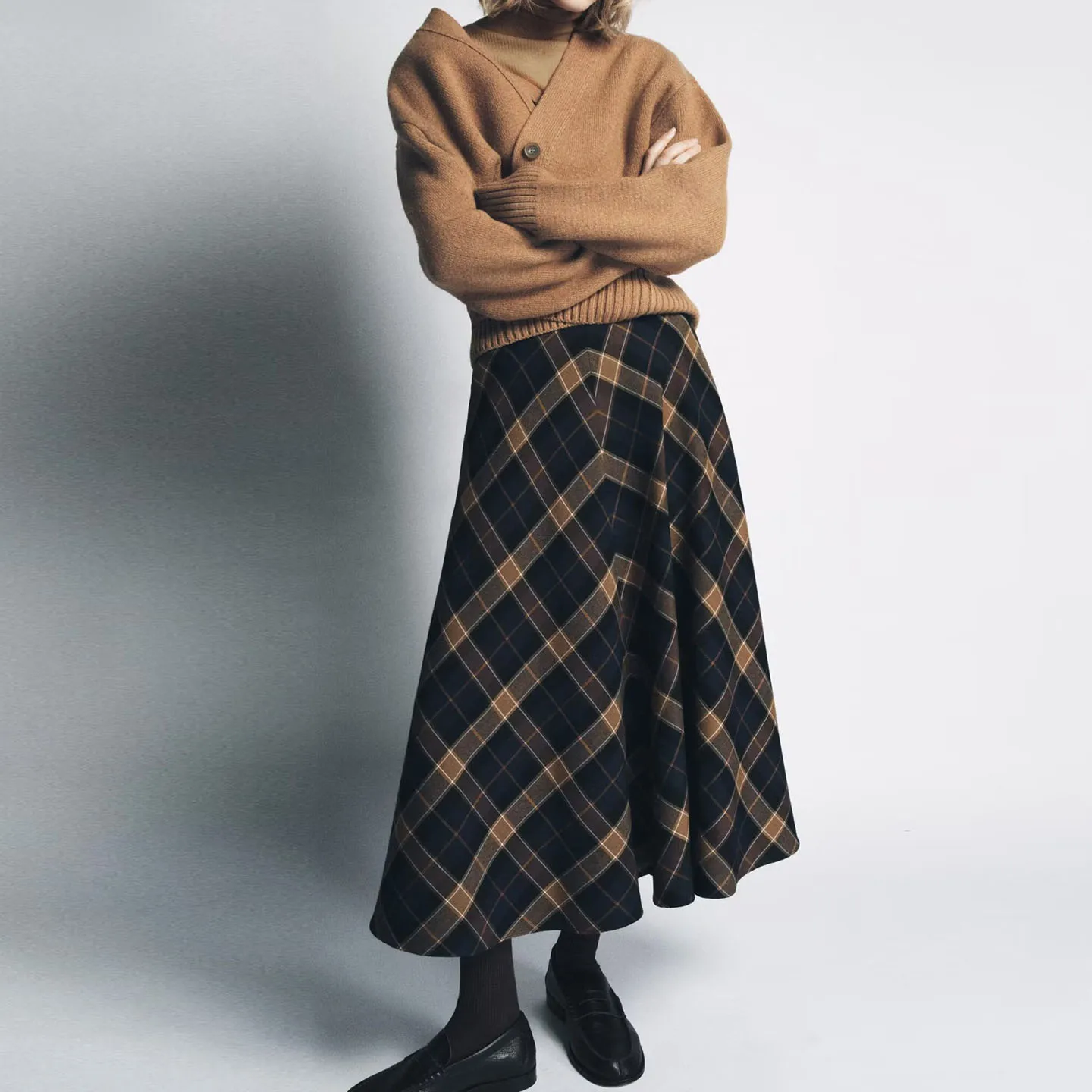エレ チェック柄 クロークスカート レディース ファッション 秋 2025 限定版 ローウエスト Aライン ミディスカート カジュアルウェア用