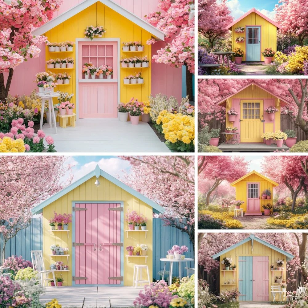 

Spring Garden Floral House Photography Background Child Birthday Party Cake Smash Portrait Custom Decorate Backdrop Photo Studio