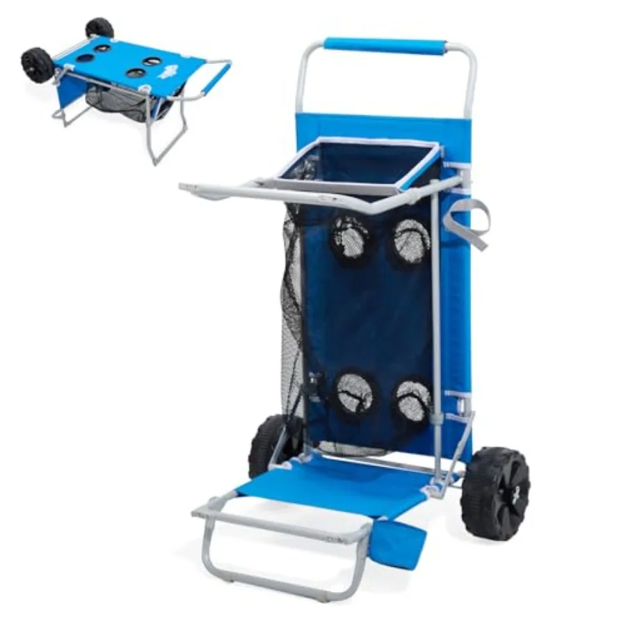 

2-in-1 Beach Cart for Sand, Aluminum Frame, Navy Blue, Folds Compact with Chair Holder, Mesh Storage, 4 Cup Holders Umbrella Ra