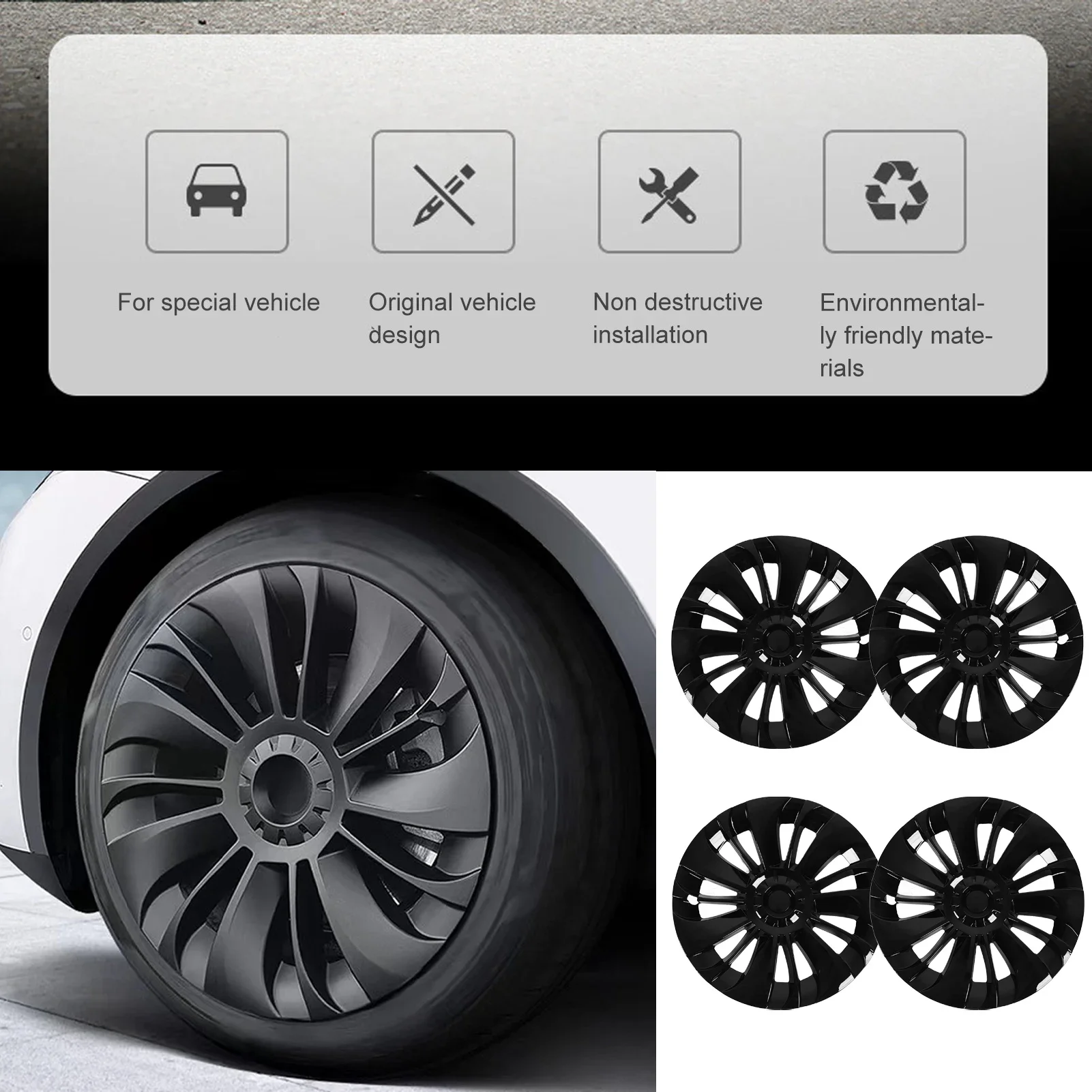 4Pcs 19in Wheel Hub Cap Low Wind Resistance Protective Replacement for Tesla Model Y 2021‑2023 Glossy Black