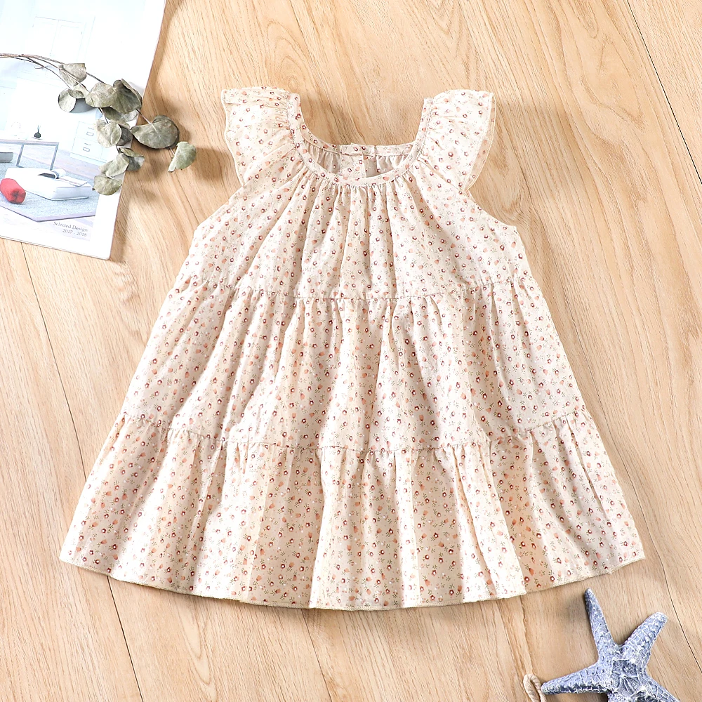 

Girls Cute Ruffle Trim Sleeveless Natural Delicate Floral Dress Children's Vintage Garden Dress