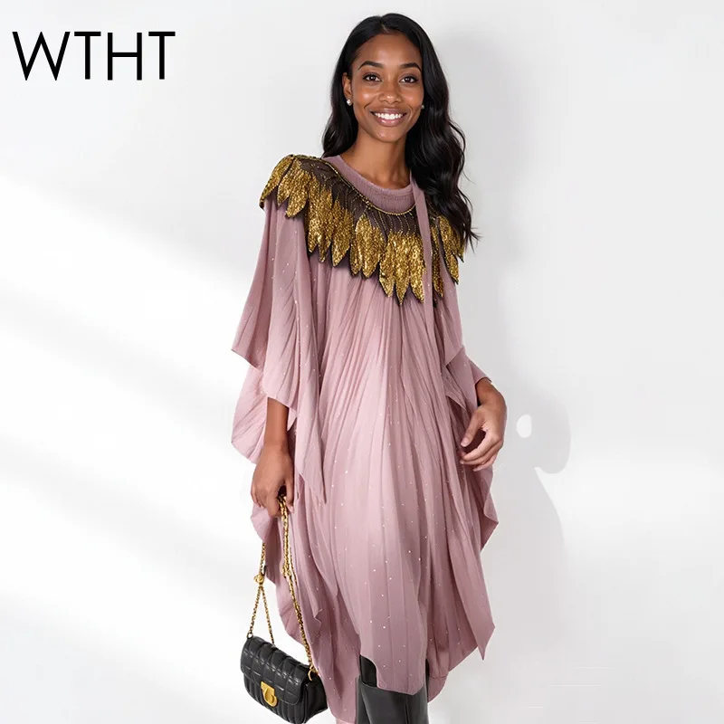 

WTHT модные новые женские тяжелые непрозрачные плиссированные платья с блестками, модное летнее платье без рукавов с круглым вырезом 2025, женское 1LS2367