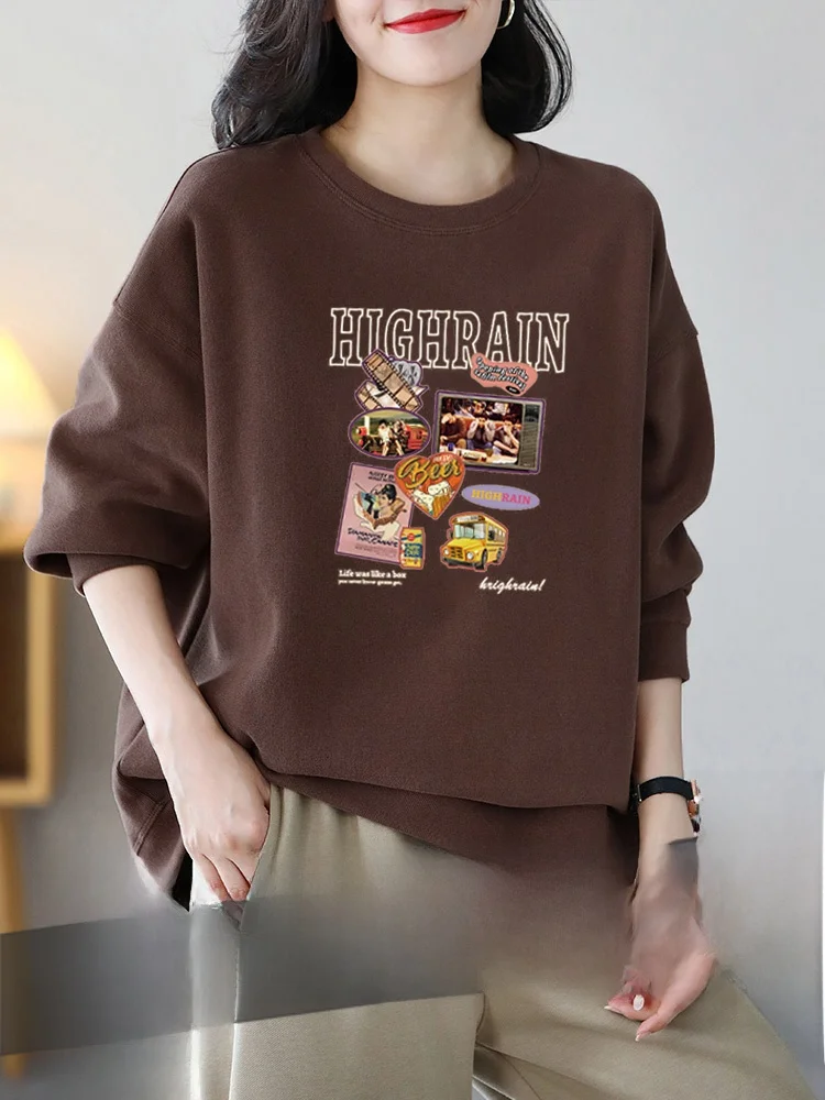 

Женский свитшот из 100% хлопка с круглым вырезом, осенне-зимний, новый, в корейском стиле, с ретро-принтом, повседневный топ без капюшона