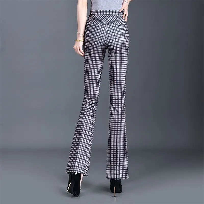 Grid Printed Slightly Flared Pants Summer Fashion Versatile 2025 New Slim-fit Stretch Women's Trousers