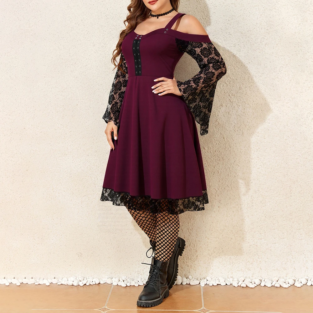 Vestido Midi de talla grande para mujer, vestido gótico de encaje con hombros descubiertos y cuello cuadrado, corte en A, para fiesta de primavera y otoño