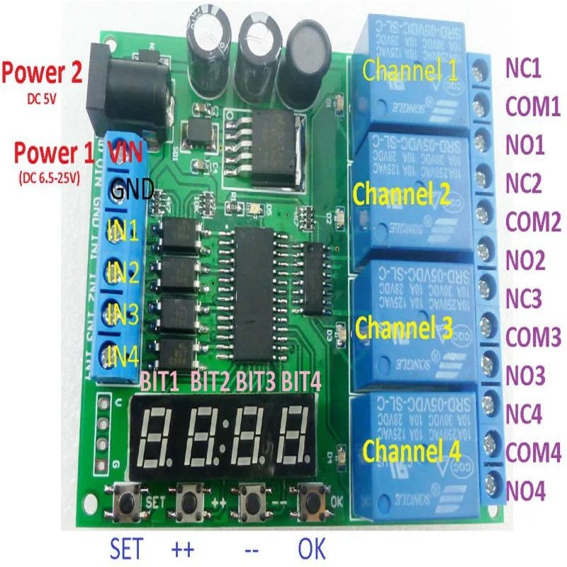 

4 CH DC 12V Multifunction Cycle Delay Timer Relay Module Timing Loop Interlock Self-locking Momentary Bistable Monostable