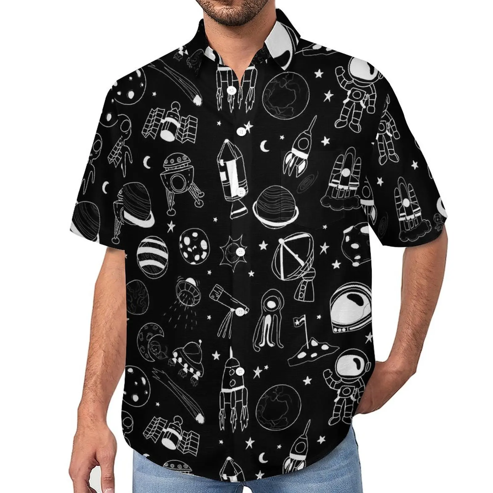 

Celestial Space Print Loose Shirt Male Vacation Black And White Casual Shirts Hawaiian Short Sleeve Vintage Oversized Blouses