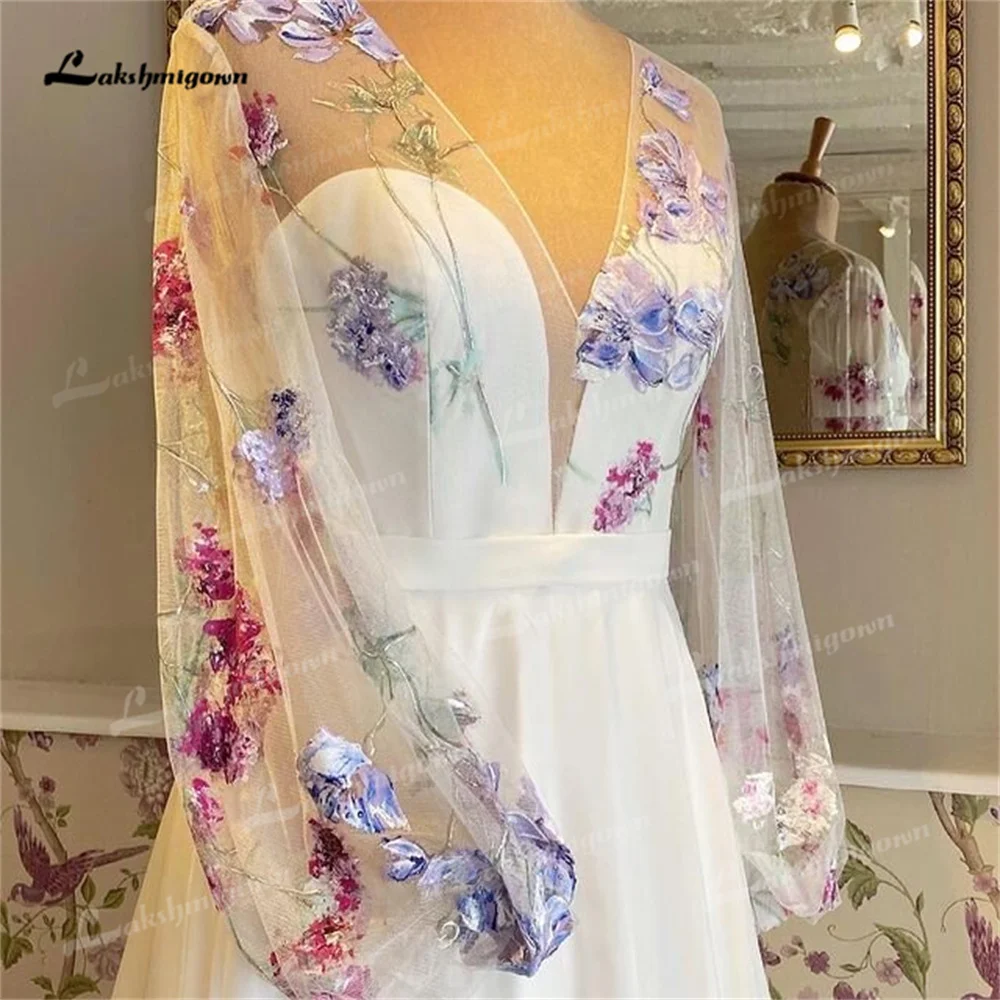 Yanshmigown-Robe de mariée A-ligne à col en V, train de cour, imprimé de fleurs, fente latérale, robe de mariée éducative, fête de mariage, 2025