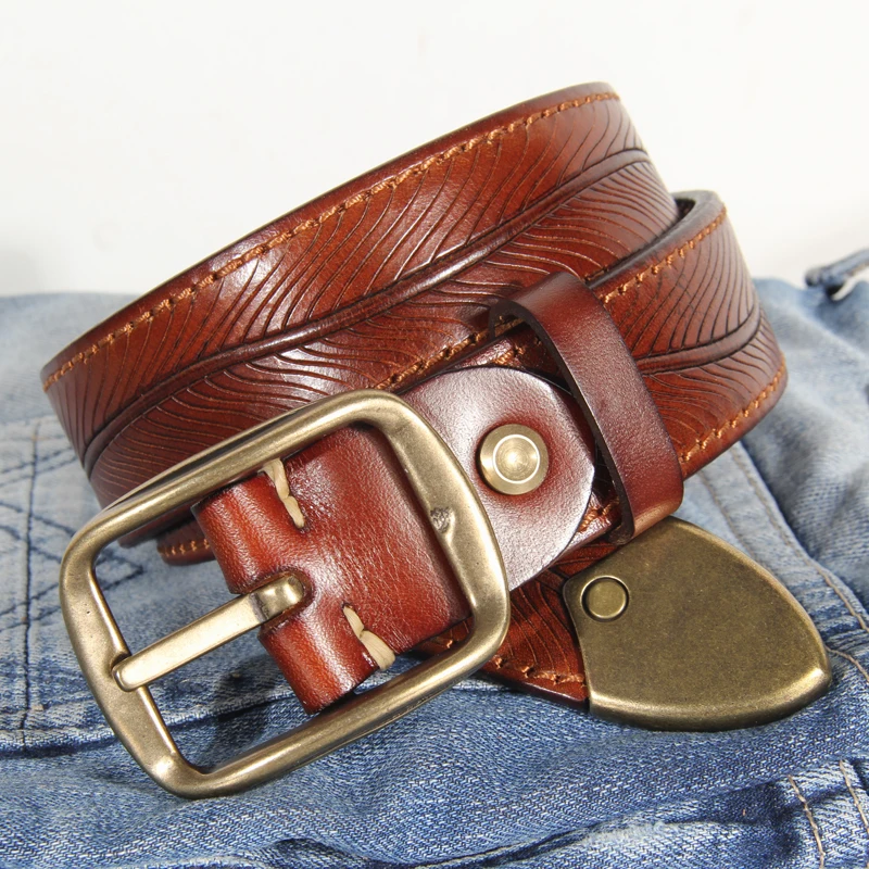 Ceinture Double face pour hommes, très épaisse, en cuir véritable, avec boucle ardillon, en cuivre pur, accessoire de luxe