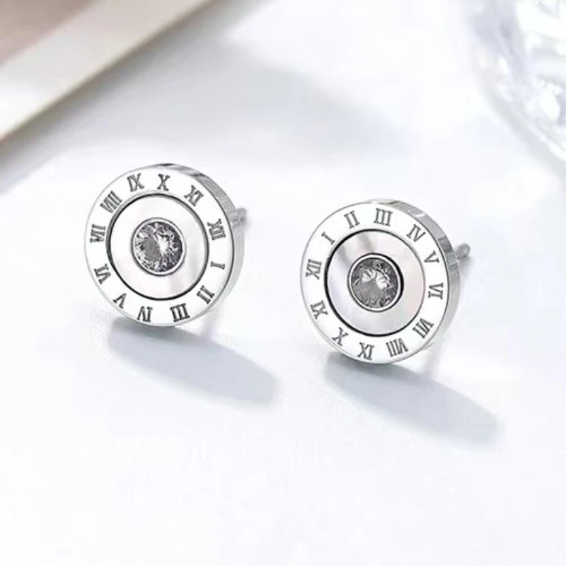 Korean Shell Plate Roman Numeral Silver Color Ear Stud Earrings Fashion Medical 316 Stainless Steel Hiphop Jewelry For Women Men