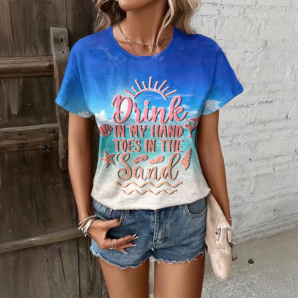 Zomer Mode Strand Vakantie Stijl O-hals Dames Losse T-Shirts 2024 Nieuwe Korte Mouwen T-Shirt Casual Trend Vrouwen Kleding Tops