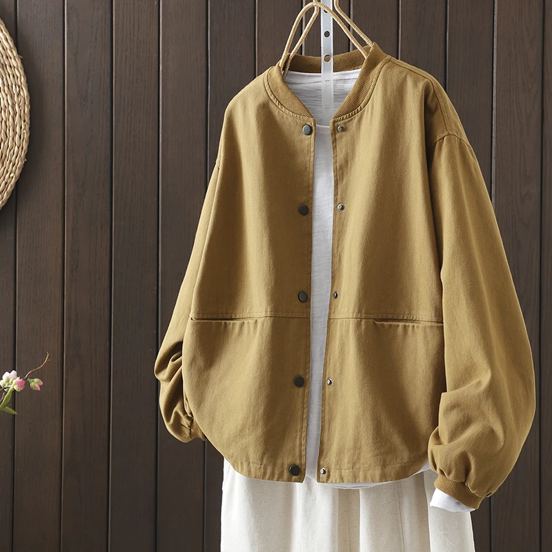 Women's Retro Workwear Baseball Jacket Loose Slimming Spring Autumn Large Size Cotton Stand Collar Jacket Long Sleeve Button ...