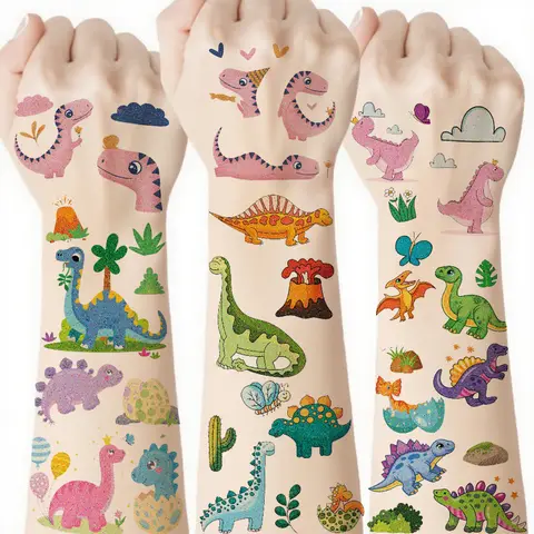 12pcs Sparkling Dinosaur Temporary Tattoo Stickers, Cute Design Waterproof Pterosaur Tyrannosaurus Rex Triceratops
