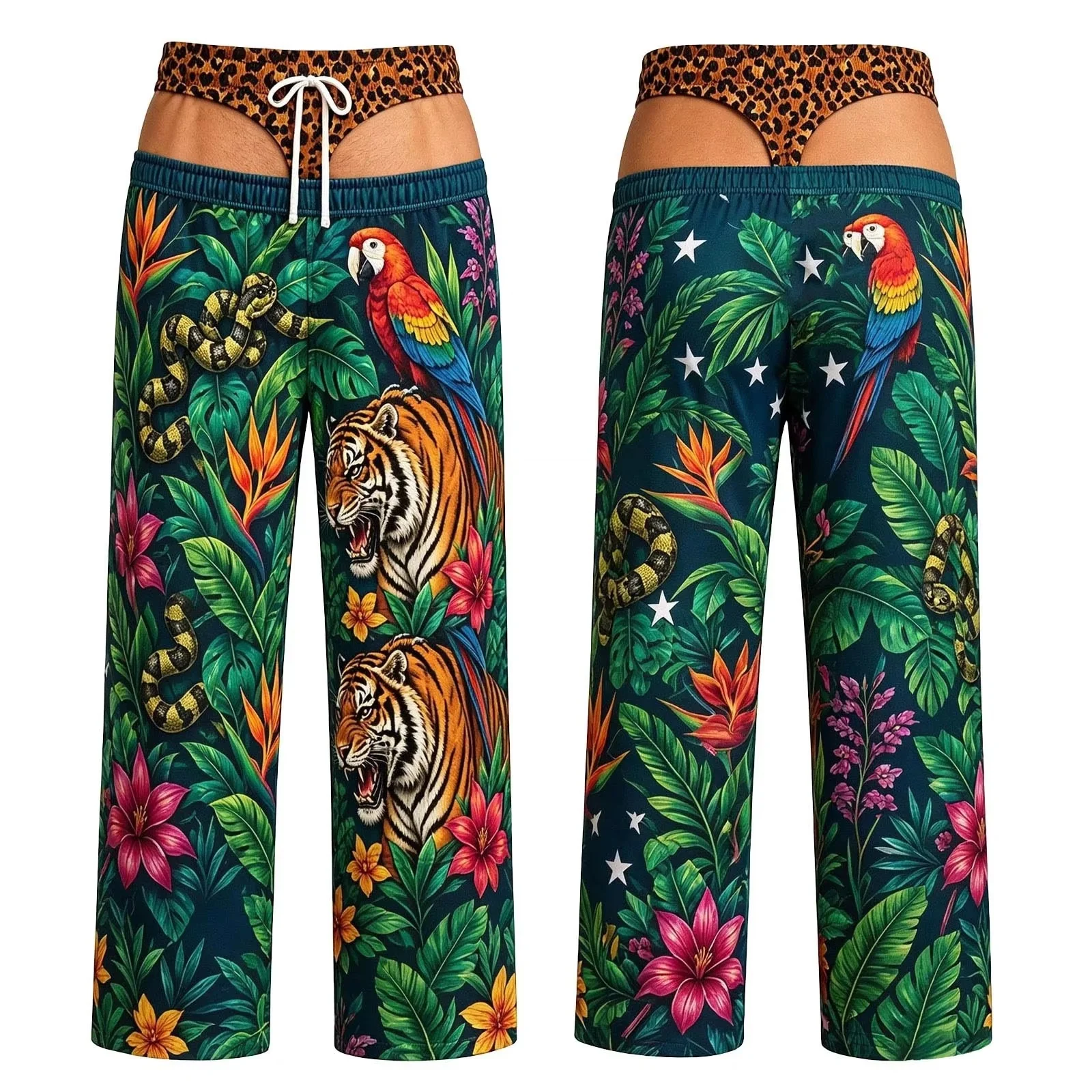 Men 3D Tropical Jungle Print Quick Dry Long Pants, Tiger Parrot Snake Floral Pattern Elastic Drawstring Casual Lounge Trousers
