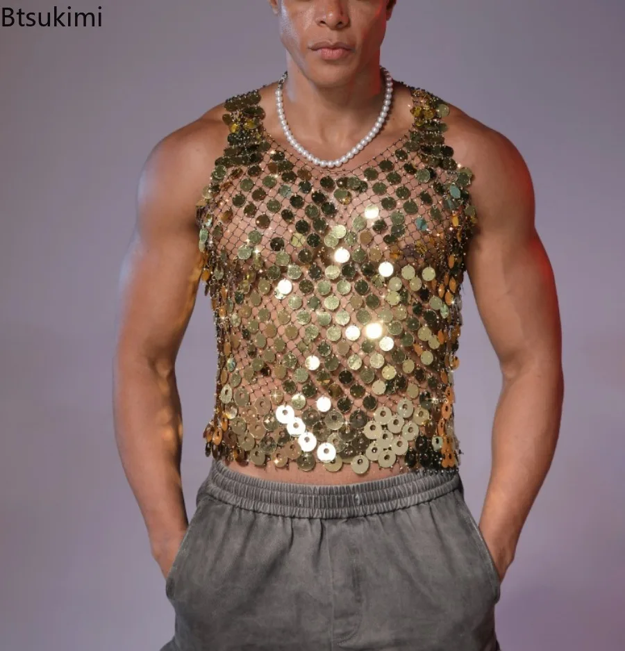 2026 New Sexy Sequin Rhinestone Tank Tops Summer European and American Fashion Men Stage Performance Shiny Mesh Hollow Out Vests
