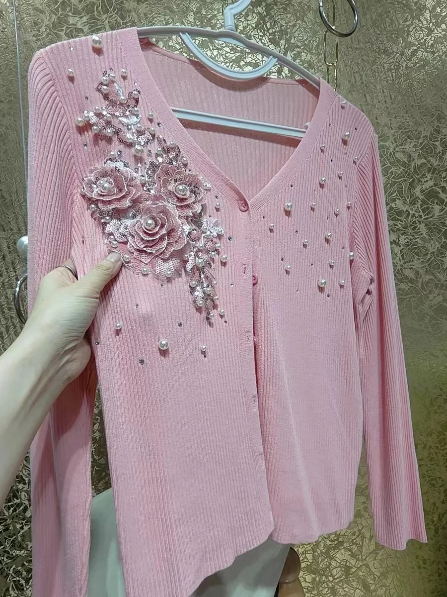 Luxury Beaded Flowers Stitch Autumn 2024 Knitted Cardigan Women Heavy Industry Pearl 3D Flower Sweater Outwear Top