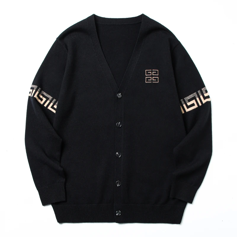 

High End Quality Men's Knitted Cardigan V-Neck Soft Warm Jacquard Letter Embroid Long Sleeve Coat Autumn Versatile Menswear Top