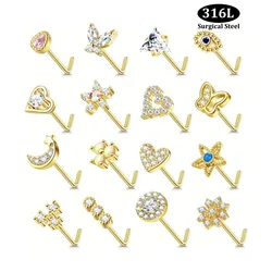 Drperfect 1Pc 22G Nose Studs L Shaped Nose Rings Studs for Women Opal CZ Heart Butterfly Nose Piercing Jewelry
