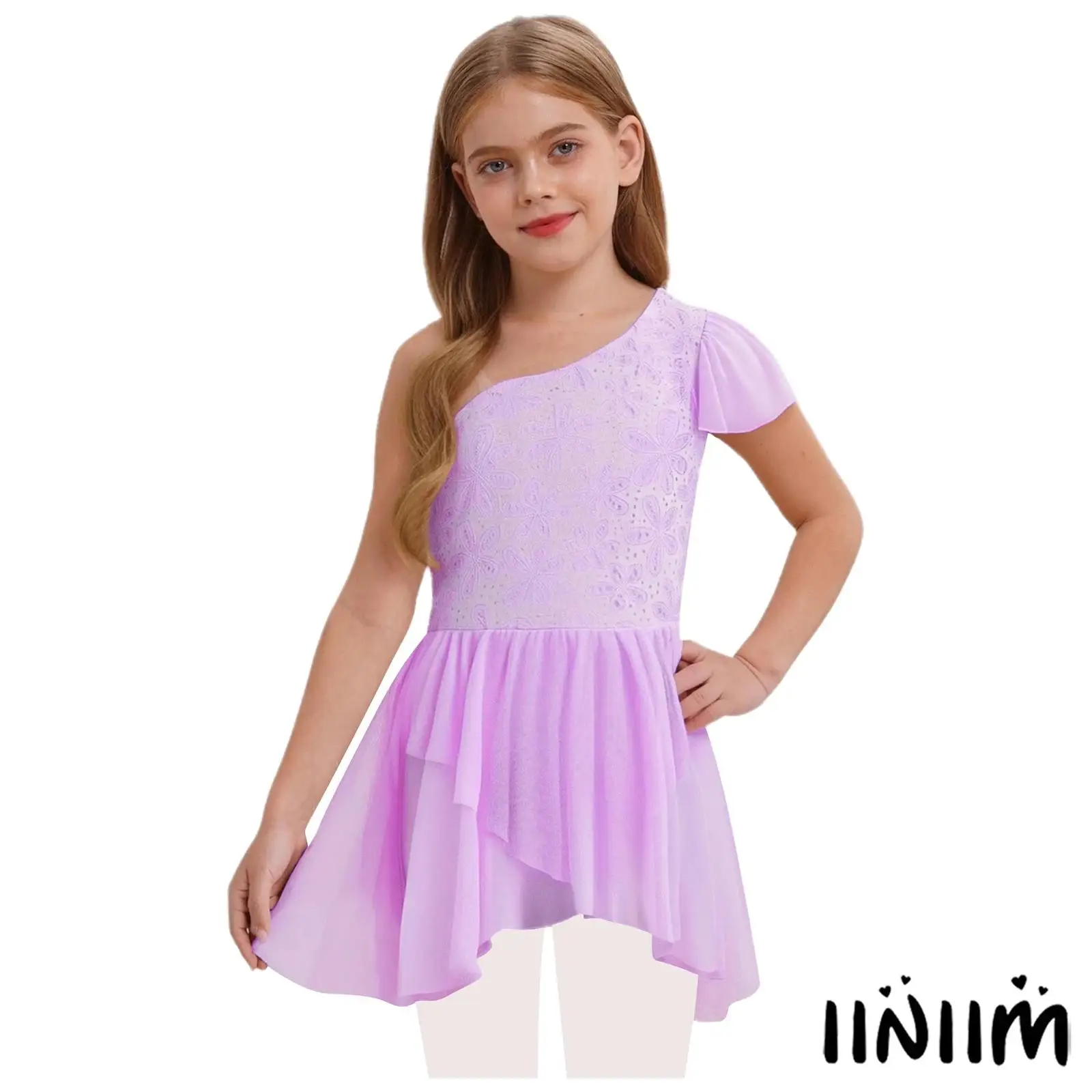 

Kids Girls Lyrical Dance Dress with Floral Lace Spaghetti Strap Off-Shoulder Design for Ballet Latin Performances Costume