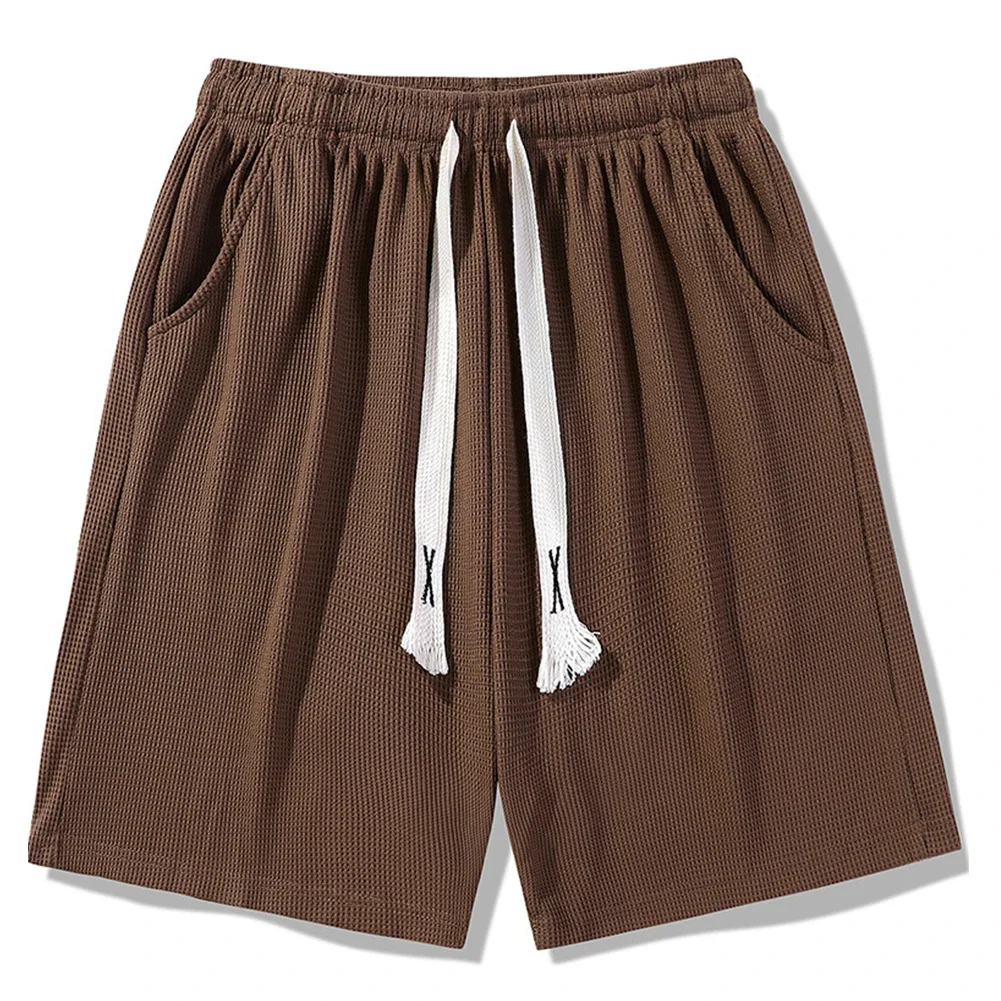 Men Waffle Korean Drawstring Sports Shorts Thin Five Quarter All-match Pants