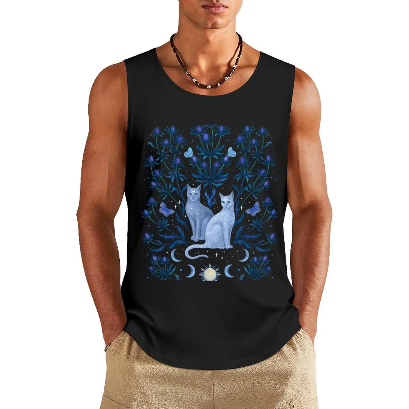 

Blue Thistle and Cat Tank Top anime top Gym T-shirts for men Male vest Men's t shirt