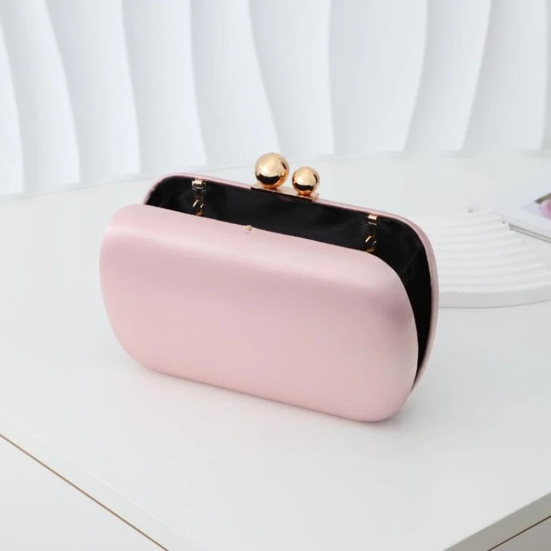 Elegant Silky Satin Evening Purses Women's Two Gold Closure Glossy Clutch Bags Wedding Party Bridemaid Cloth Pearl Pink Handbag view 6