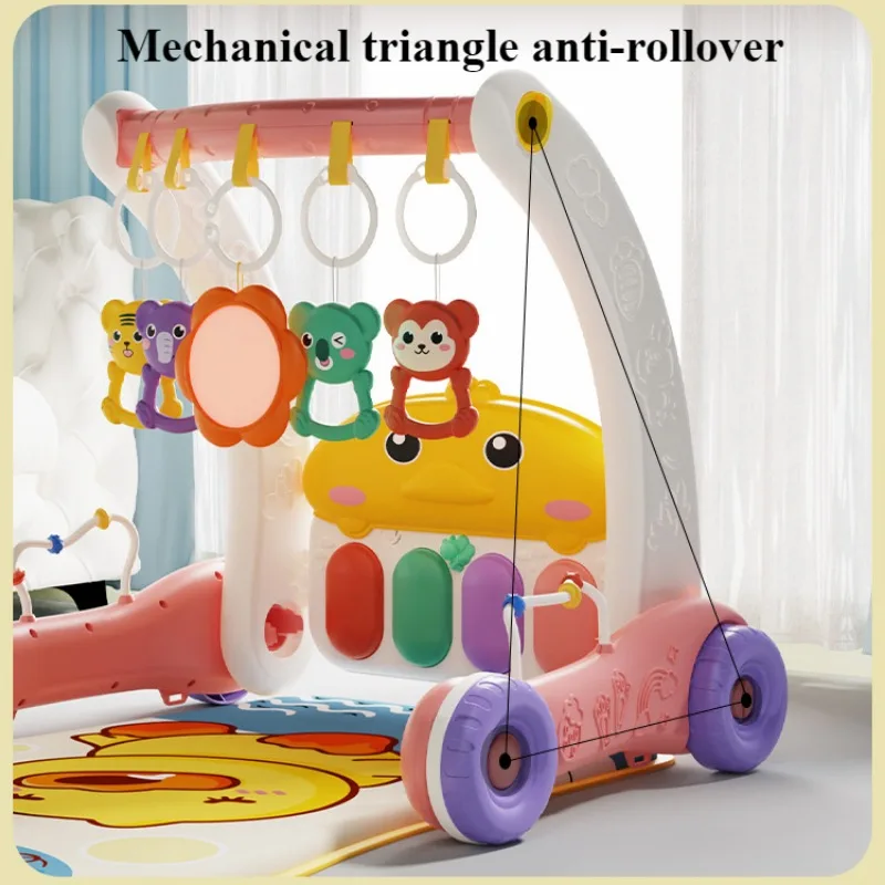 2 in 1 Newborn Baby Walker Fitness Frame with Music & Light Early Education Baby Trolly Fitness Rack Pedal Piano Toy for Infant