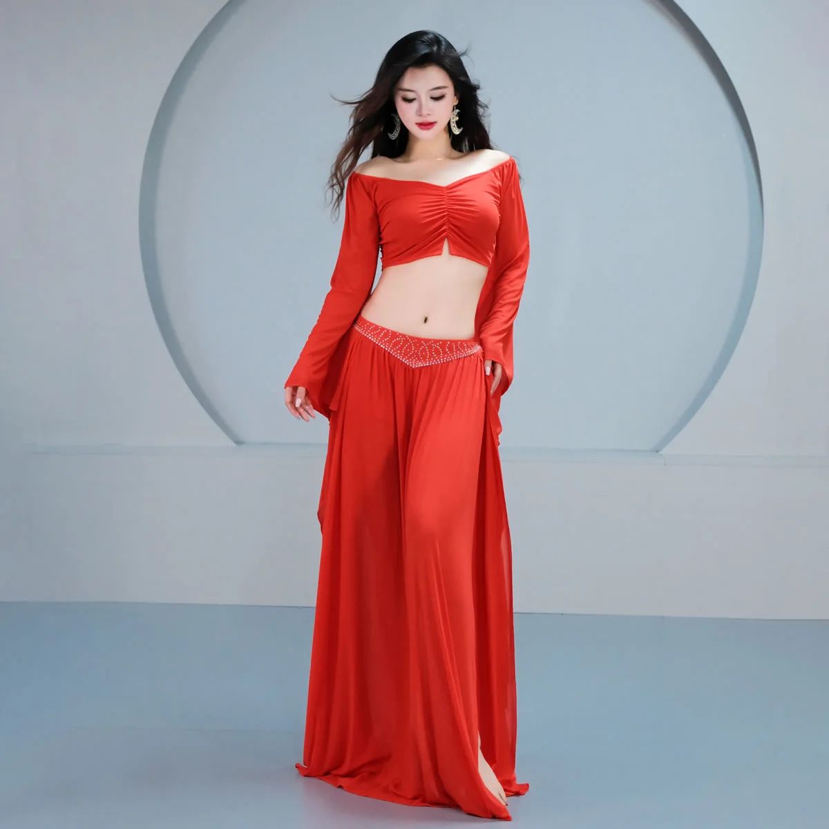 

Комплект костюмов для танца живота для женщин, летний топ и юбка с листьями лотоса, лента для выступлений на сцене, тренировочная одежда, костюм, наряды