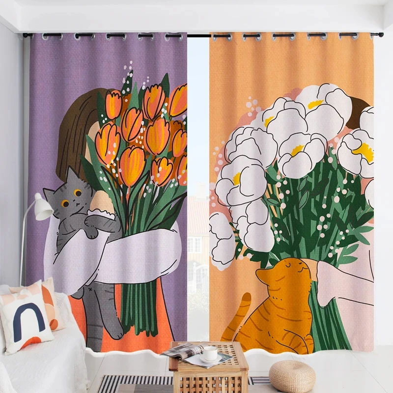 Cute Cat Dog Cartoon High Blackout Curtain Flowers Pattern Bedroom Living Room Bay Window Thick Clackout Drape New Style C