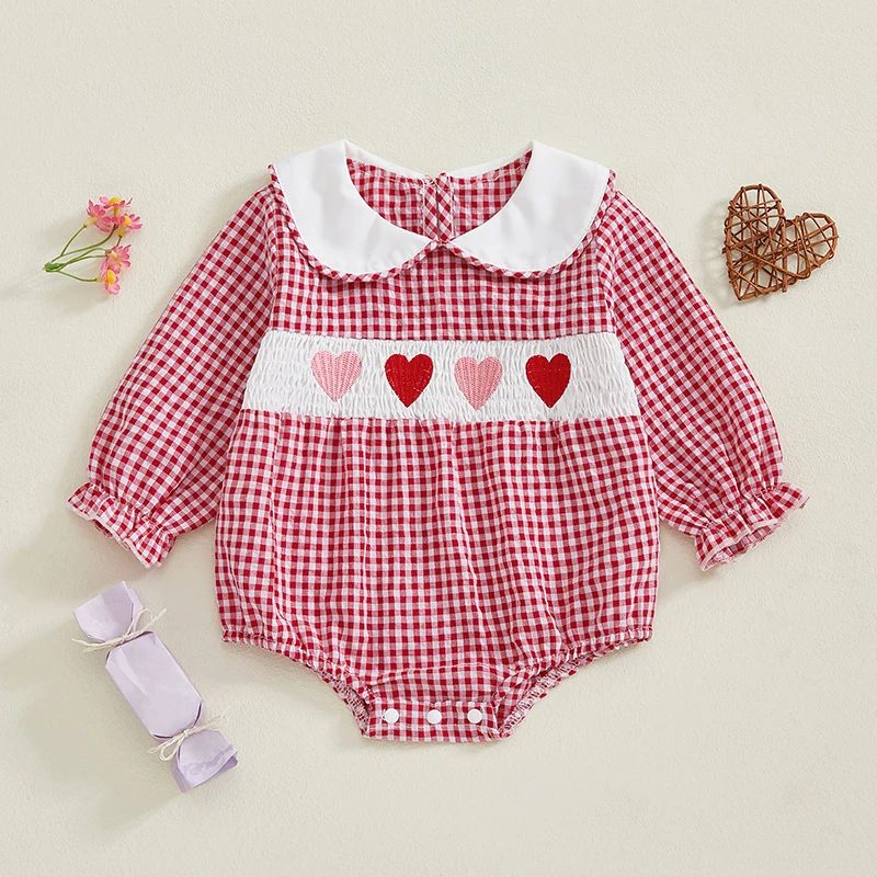 Baby Girl Plaid Romper Heart Embroidery Doll Collar Long Sleeve Bodysuit Spring Fall Clothes