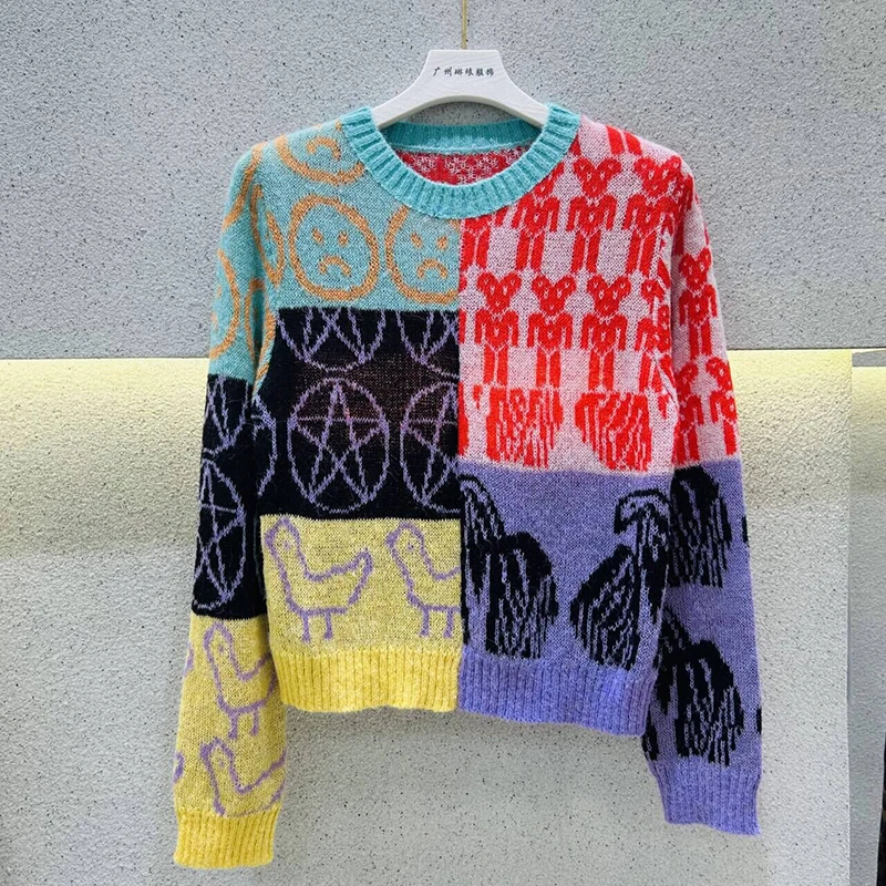 

Autumn Winter Women's New Colorful Patchwork Contrasting Sweater Sweet and Fashionable Long Sleeved Pullover Top S232