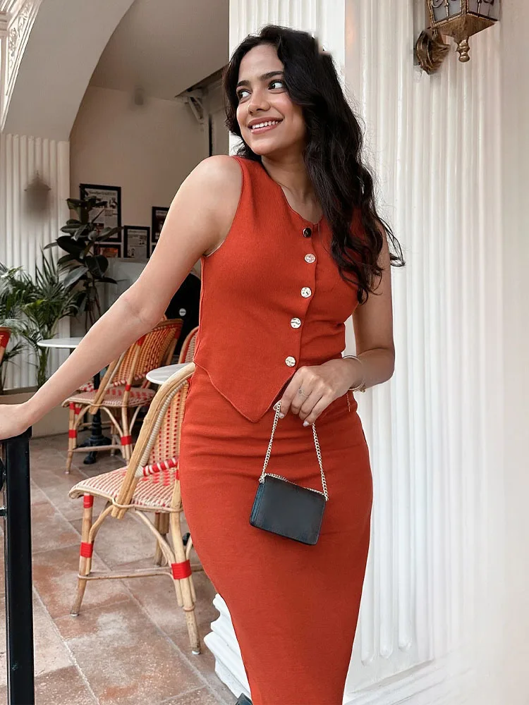 HH レディース ツーピースセット Oネック ノースリーブ シングルブレスト ニットベストトップ+エレガントな伸縮性ウエスト スリットヘムデザイン ミディスカート