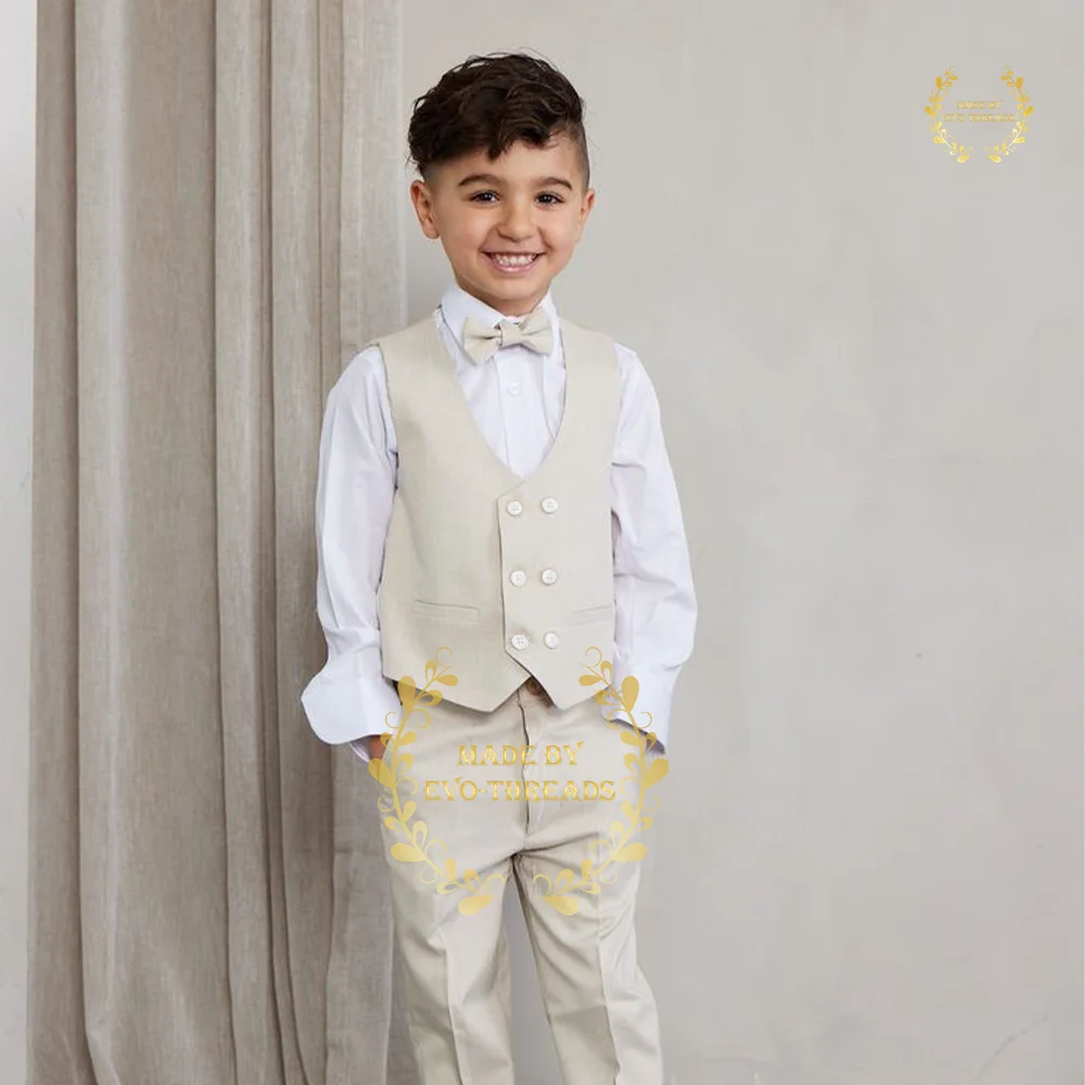 3 pièces texturées trempées pour garçons, ensemble formel slim fit pour mariage, fête de Rh, spectacle scolaire, avec revers cranté, blanc crémeux, personnalisé pour enfants