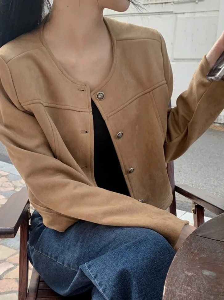 

Ele Suede ort Jaet, женская осенняя новая облегающая рабочая одежда, топ небольшого размера, модная верхняя одежда, женский трикотаж