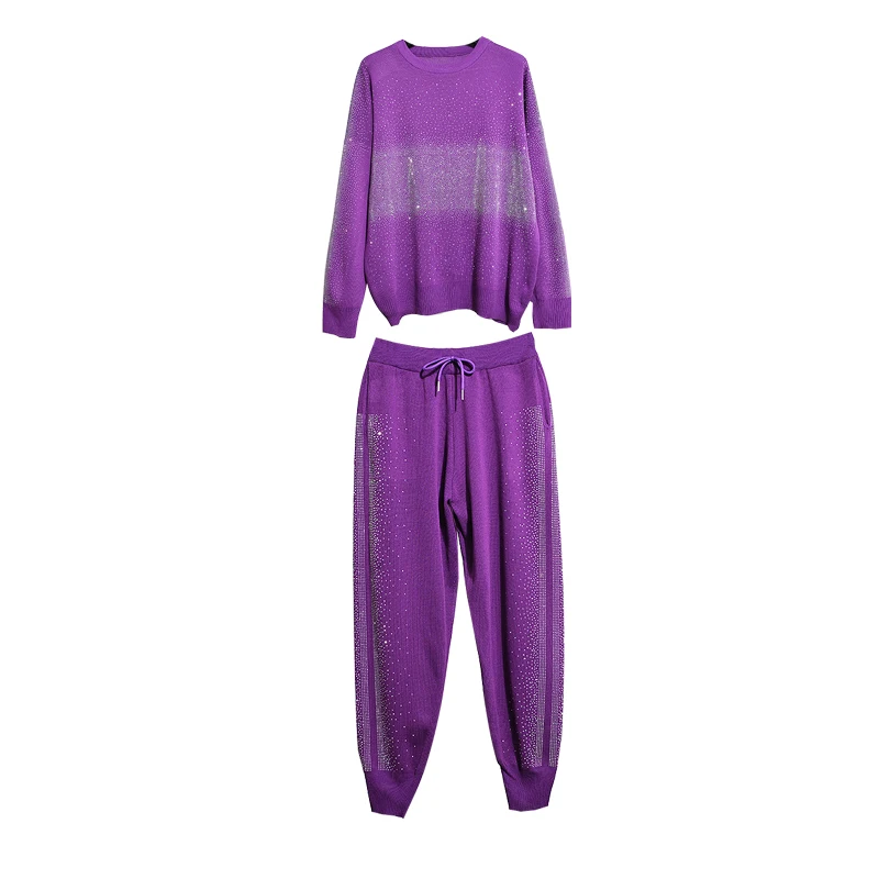 Hot Drilling Purple Knitting Two-piece Sets New Spring Autumn Luxury Diamonds Pullovers Sweater Top + Casual Sports Pants Suits