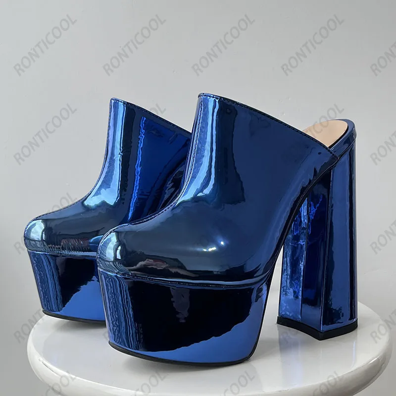 Ronticool New Arrival Women Platform Pumps Slip One Chunky Heel Round Toe Metallic Blue Party Shoes Women US Plus Size 5-20