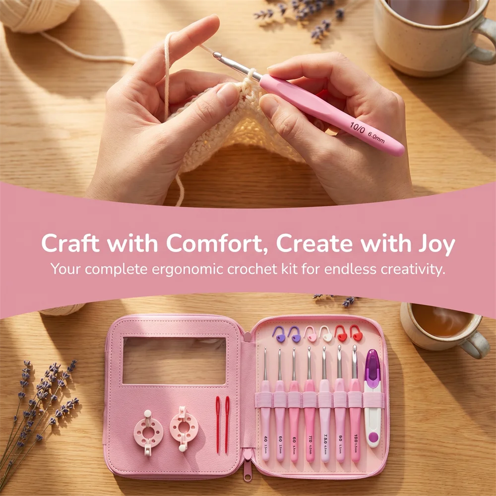 34pcs/set Crochet Hook Kit 2.5-6cm Ergonomic Soft Handle Aluminum Hooks with Strorage Bag Yarn Weave Knitting Needles Set image 4