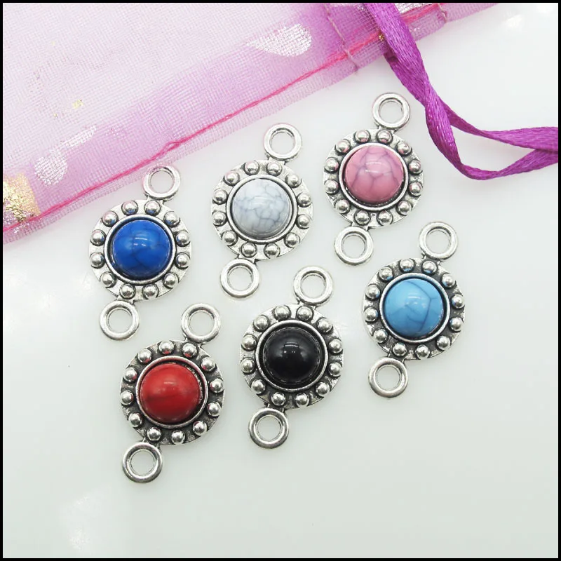 18Pcs Tibetan Silver Plated Sun Flower Round Mixed Acrylic Charms Pendants Connectors 14x25mm