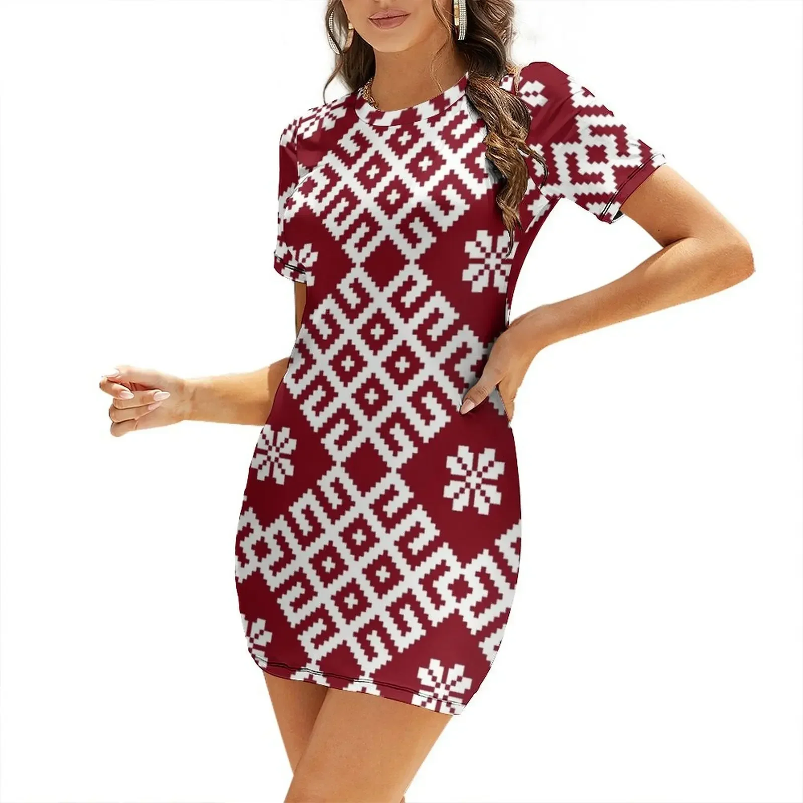 

Latvian pattern Short-Sleeved Dress bandage dress dresses for prom chic and elegant evening dress